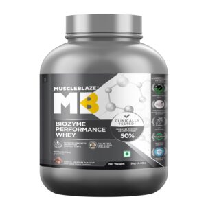 muscleblaze biozyme performance whey protein powder, choco crispers (2kg / 4.4lbs) | 25g protein per scoop | clinically tested 50% higher protein absorption